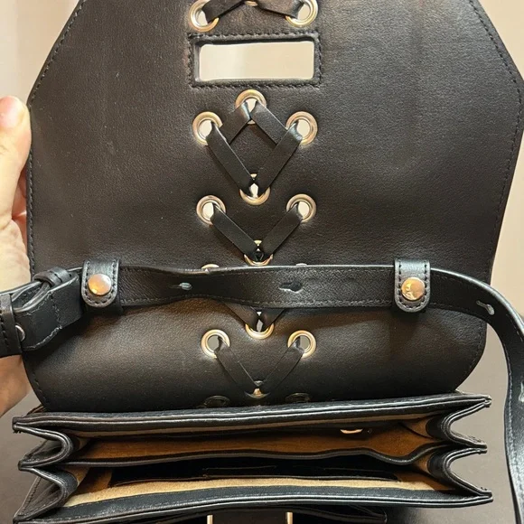 Mackage Black Pebbled Leather Crossbody Bag Arrow Detail & Hardwear Motorcycle - Picture 11 of 12